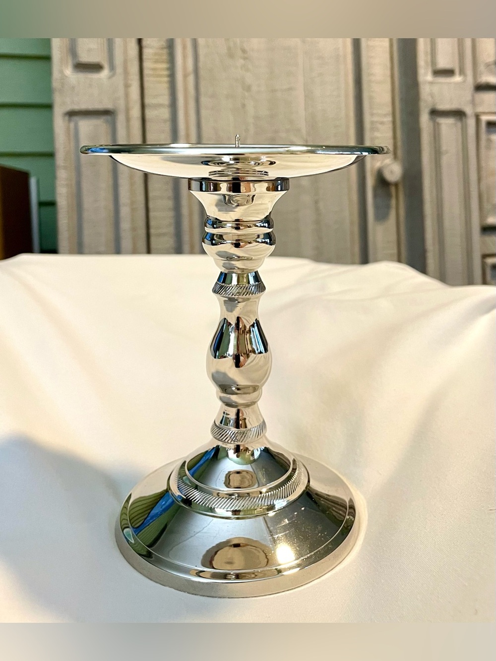 *VINTAGE* Single GATCO Silvertone Solid Brass Pillar Candle Holder -6.5” x  4.5”